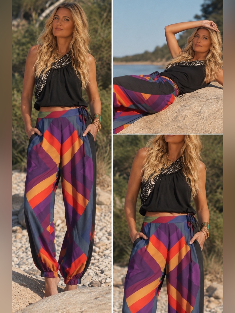 FARM Rio Purple Orange Navy Chevron Tie-Waist Joggers